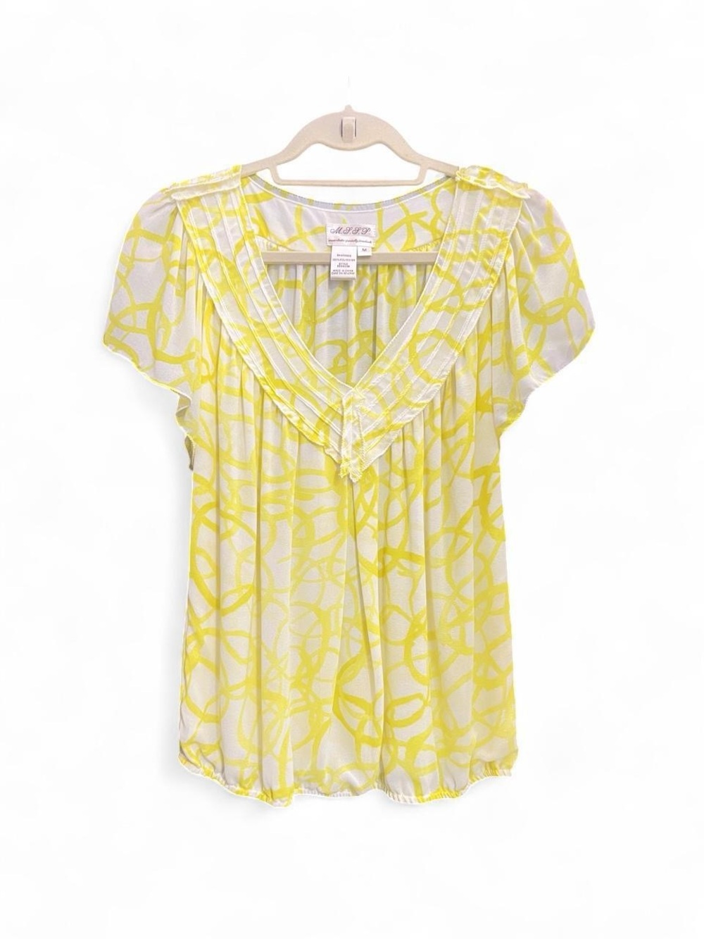 2000s MSSP Yellow Scribble Print V-Neck Blouse